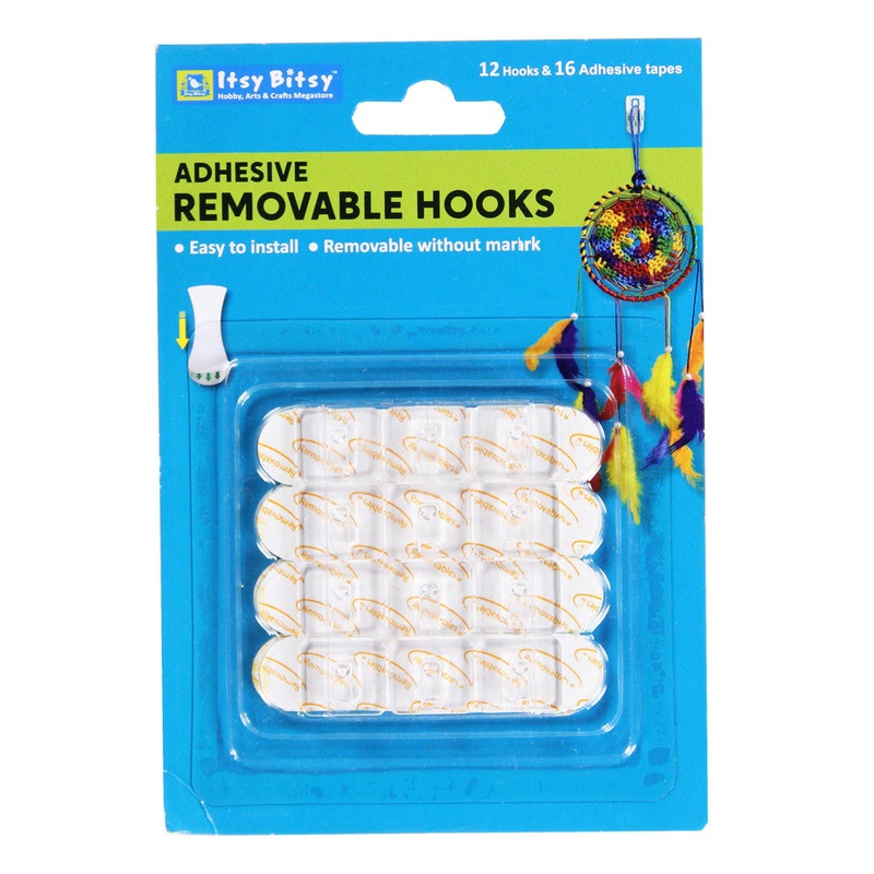Adhesive Removable Mini Hooks – 12 Clear Hooks & 16 Adhesive Tapes, 1 Pack