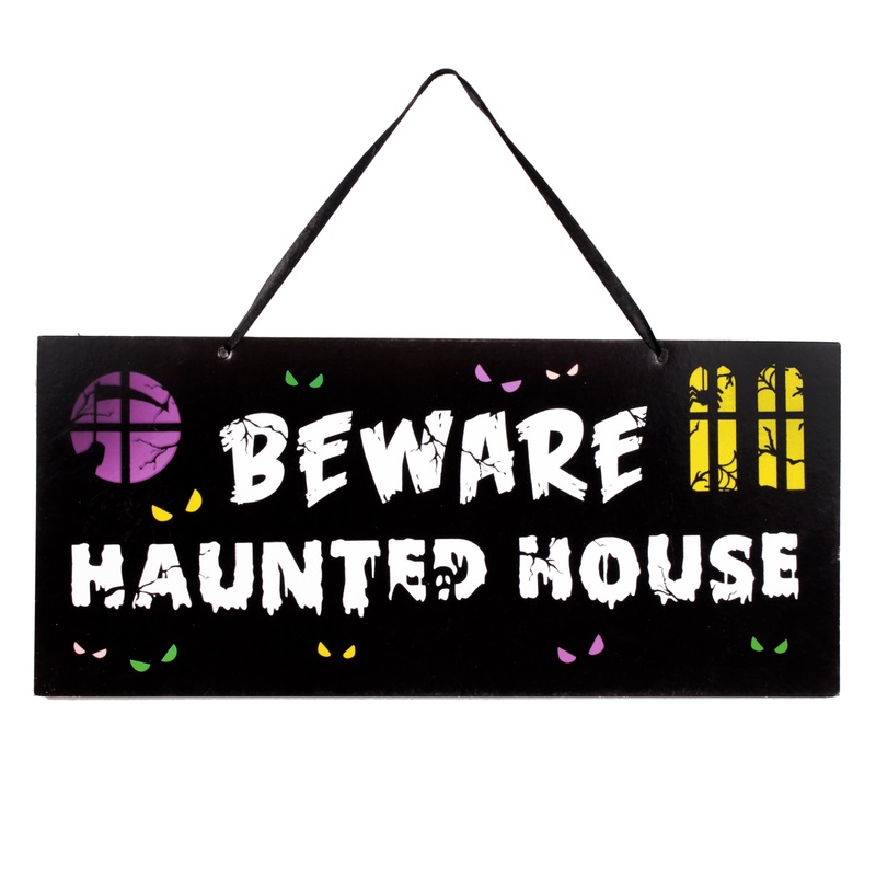 Warning Sign – Beware Haunted House – Hanging Sign Board 45cm x 20cm