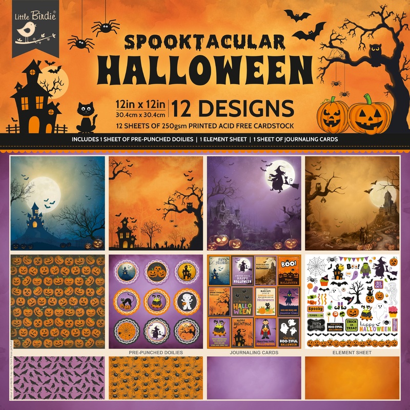 12 x12 inch Printed Cardstock pack- Halloween, 12 Sheets, 12 Designs, 250 gsm
