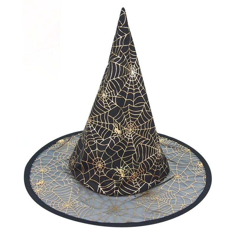 Basic Witch Black Hat With Spider Web Gold Print