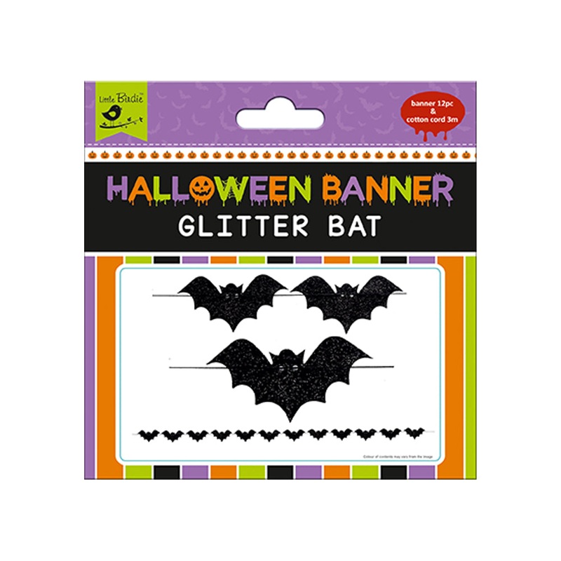 Little Birdie Halloween Banner Glitter Bat 12Pc & Cotton Cord 3m, 1Pack
