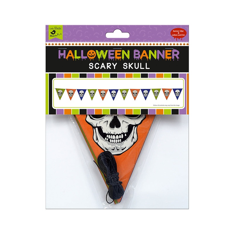 Little Birdie Halloween Banner Scary Skull 12Pc & Cotton Cord 3m, 1Pack
