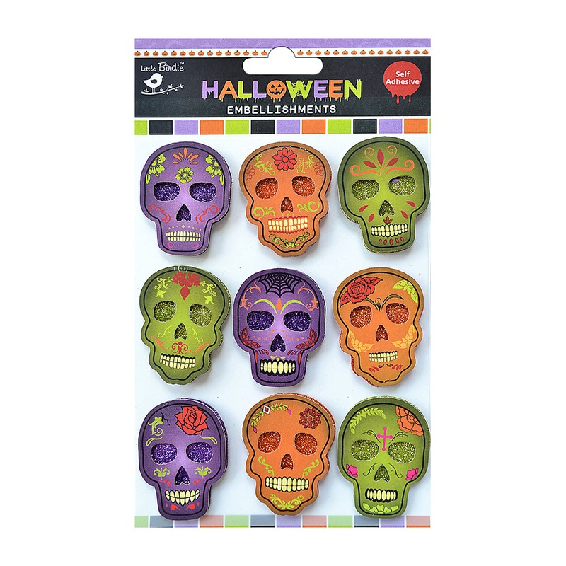 Little Birdie Halloween Sparkling Decorated Skull – 9pc