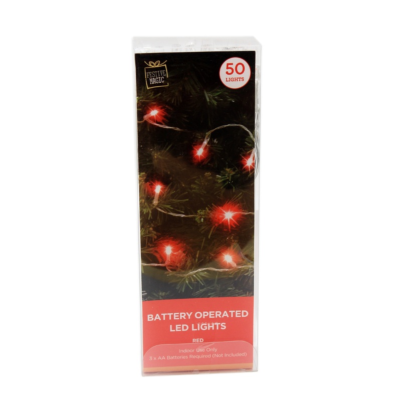 Battery Operated 50 LED String Lights – Red, 1pc