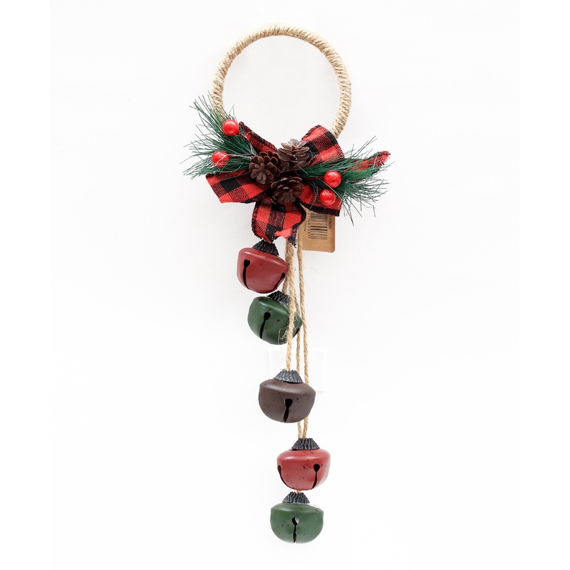 Christmas Door Hanger – Rustic 5 Nutbells  Green & Red