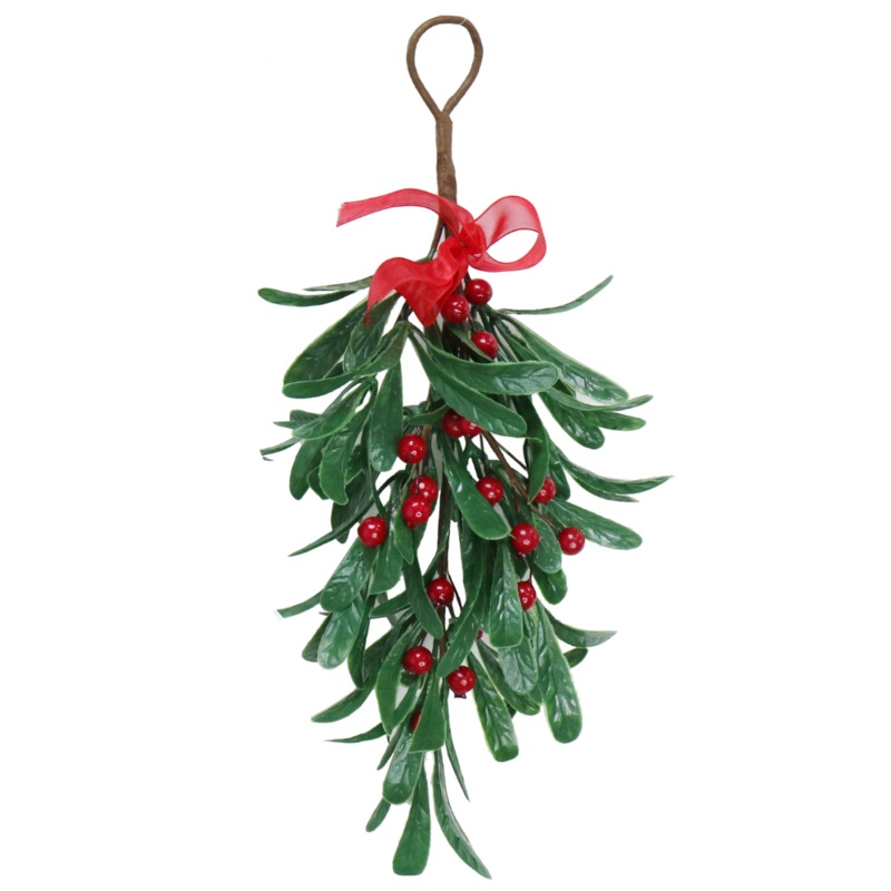 Christmas Hanging Decoration – Mistletoe With Red Berries and Red Bow, 35cm, 1pc