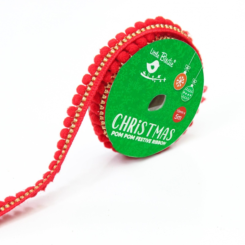 Christmas Pom Pom Festive Ribbon – 15mm, Red And Gold, 5mtr