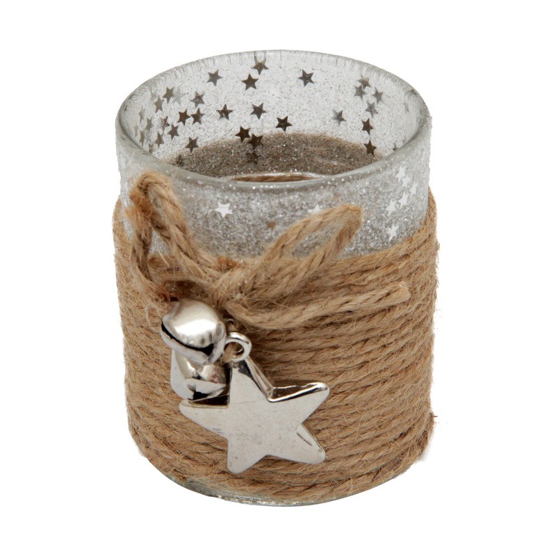 Glass Candle Holder Glitter Star W/ Bells Jute Role