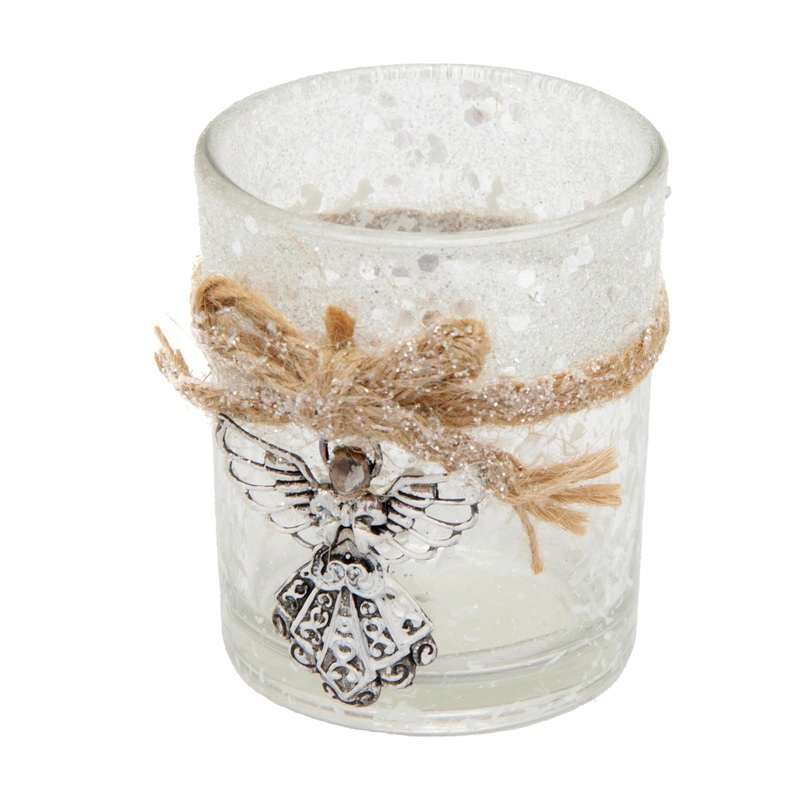 Glass Candle Holder Glitter Star W/ Bells Jute Twine XB3132