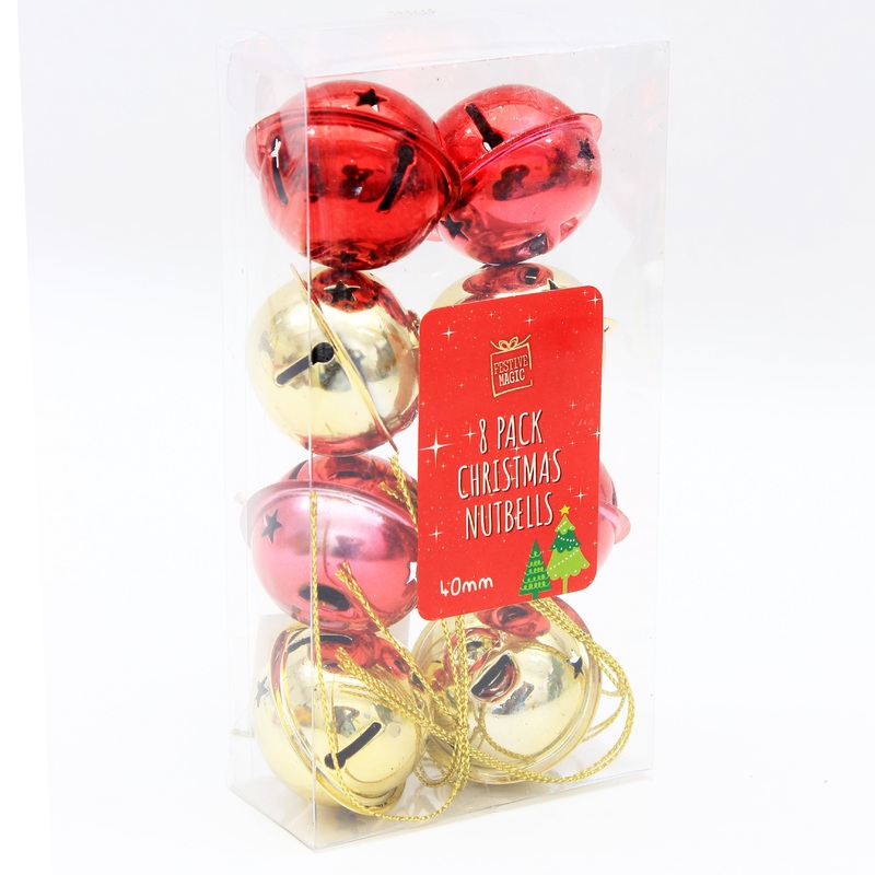 Shiny Metallic Nutbells – Red And Gold, 40mm, 8pc in a Box