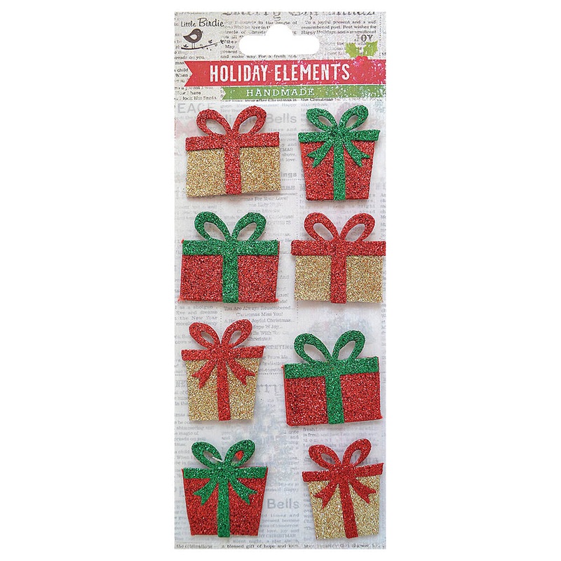 Christmas 3D Stickers Mini Glitter Presents Red Green & Light Gold