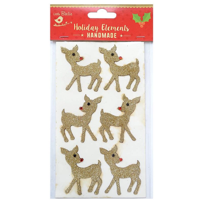Christmas Self Adhesive Glitter Sticker – Reindeer, Gold, 6Pc