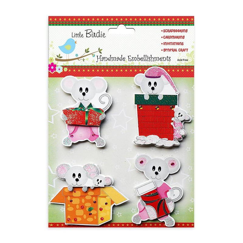 3D Stickers Christmas Glitter Mice 4Pcs Pbci Ib