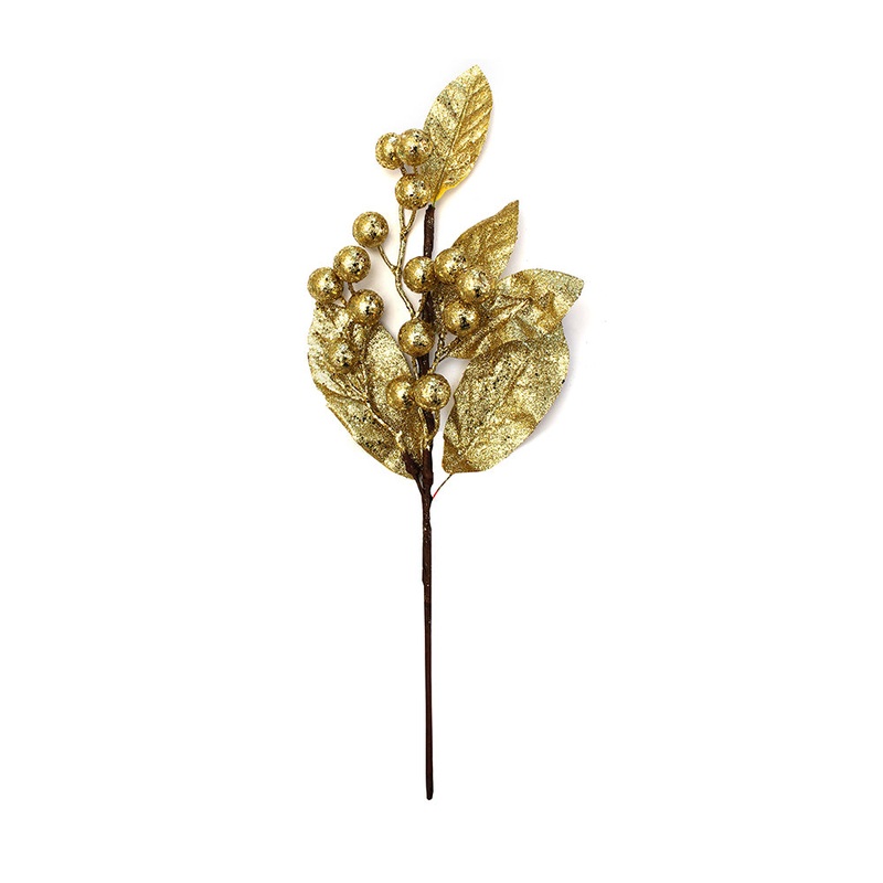 Artificial Glitter Berries & Leaves Stem – Gold, 50cm, 1pc