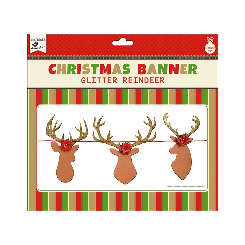 Little Birdie Christmas Banner – Glitter Reindeer, 12pc & 4m Ribbon