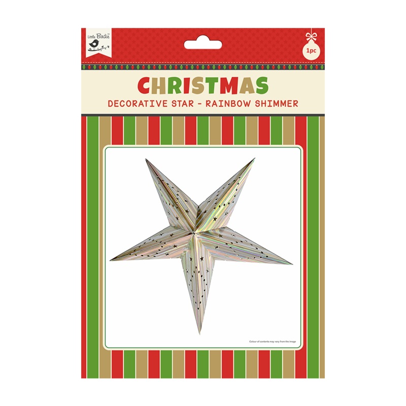 Little Birdie Christmas Decorative Star – Rainbow Shimmer 1pc 48cm X 48cm (Approx) Ribbon 50cm