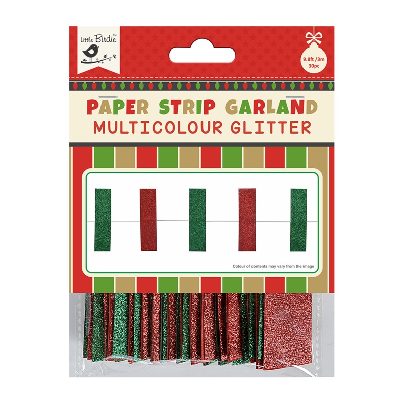 Little Birdie Christmas Glitter Paper Strips Garland Red & Green 3m