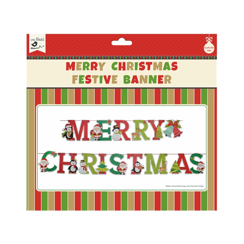 Little Birdie Merry Christmas Festive Banner 15pc & Ribbon 4m