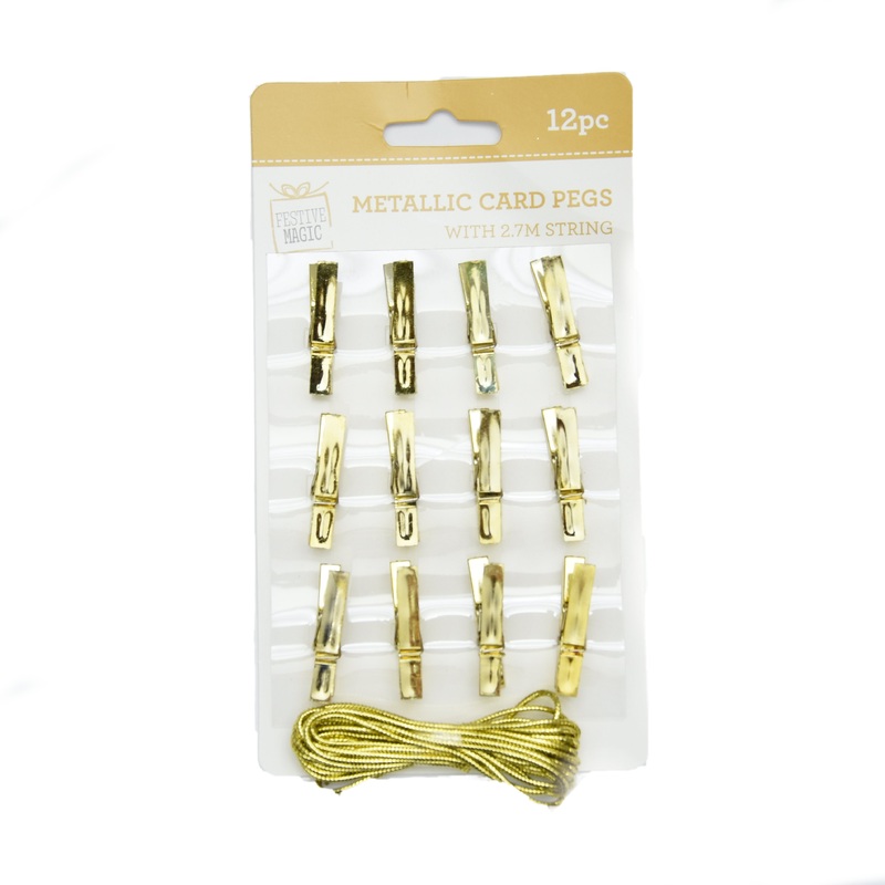 Card Pegs – 12pc, Metallic Gold, 1.5m String