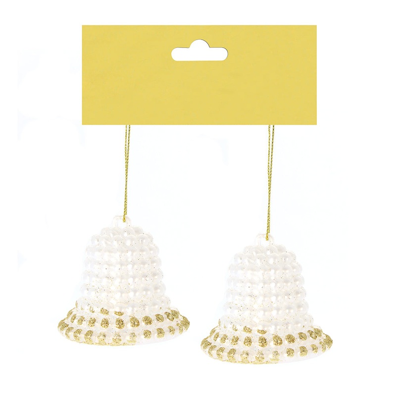 Christmas Decoration Hanging 2Pc- Beaded Glitter Bell Gold
