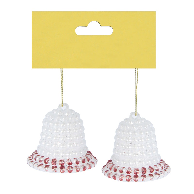 Christmas Decoration Hanging 2Pc- Beaded Glitter Bell Red
