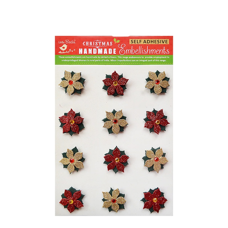 Christmas Stickers – 3D Mini Glitter Poinsettia, Gold and Red, 12pc