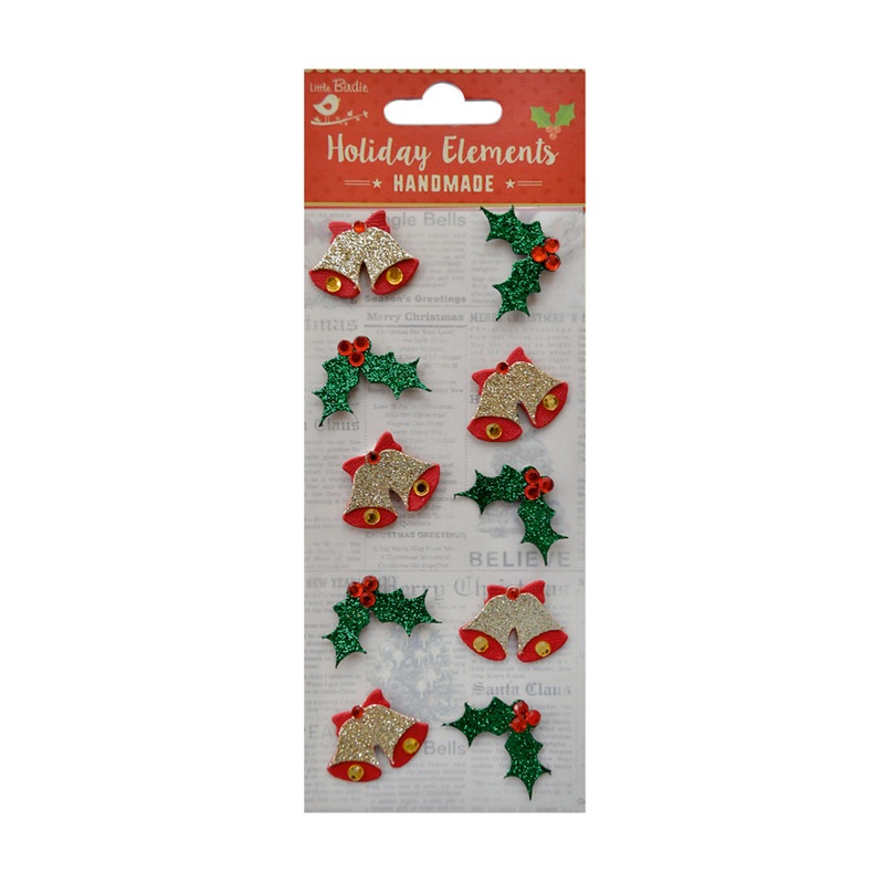 Christmas Stickers – Glitter Bells and Berries, Red and Green, 10 pc