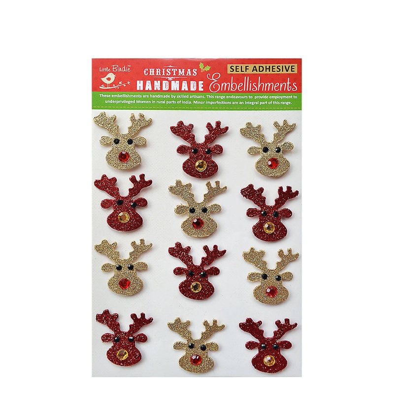 Little Birdie Christmas Stickers – 3D Mini Glitter Reindeer, Gold and Red, 12 pc