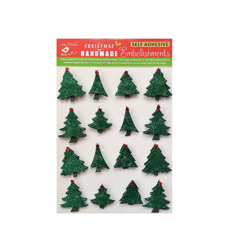 Little Birdie Christmas Stickers – 3D Mini Glitter Trees, Traditional Green, 16pc