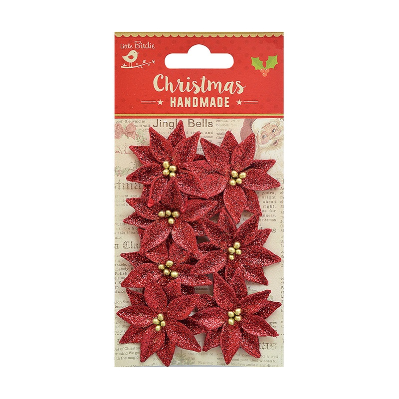 Little Birdie Handmade Flower Christmas Glitter Poinsettia – Red, 7pc
