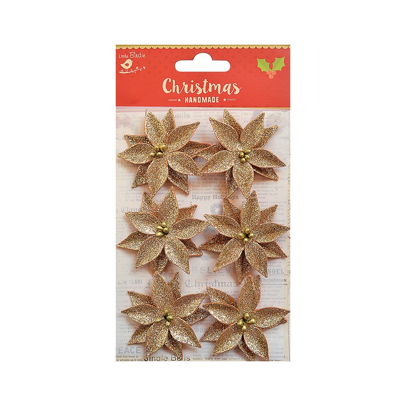 Little Birdie Handmade Flower Christmas Pretty Poinsettia – Gold Glitter, 6pc