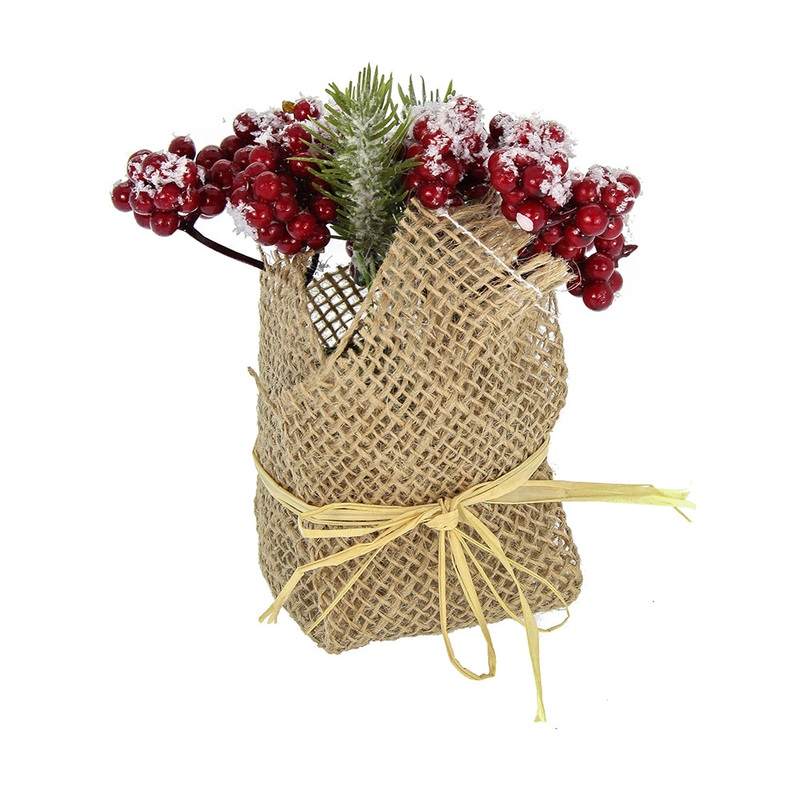Snowy Pine Tips & Berries In Burlap Pot – 1Pc